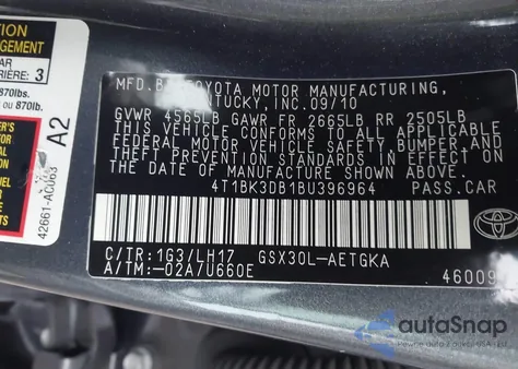 2011 Toyota Avalon z USA, uszkodzony, nr VIN 4T1BK3DB1BU396964
